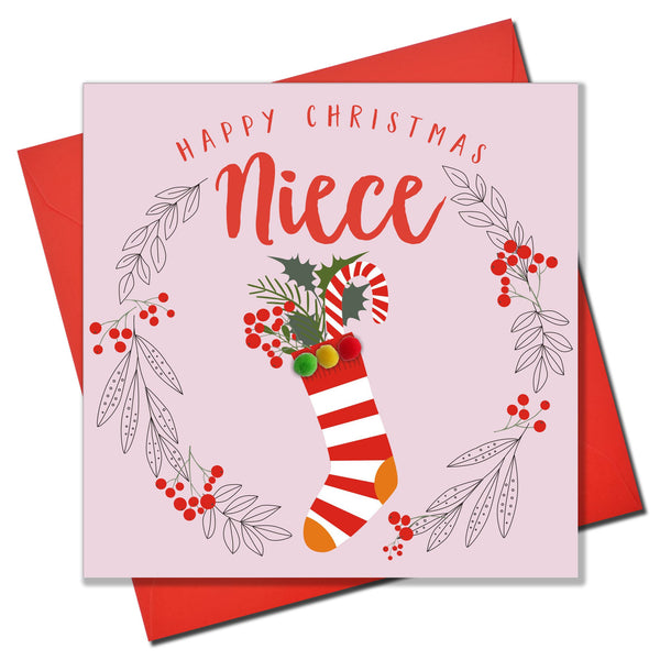 Christmas Card, Stocking in a laurel wreath, Niece, Pompom Embellished