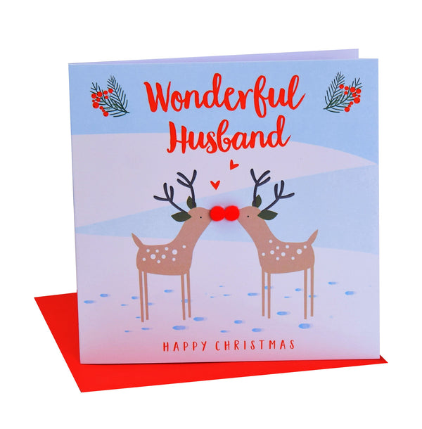 Christmas Card, Kissing reindeers, Wonderful husband, Pompom Embellished