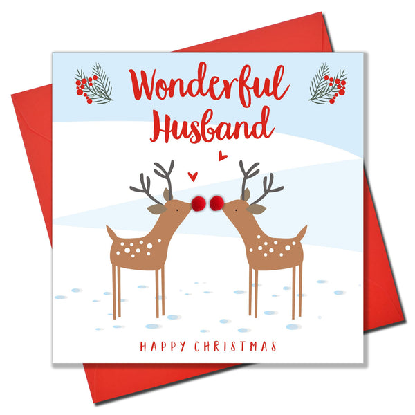 Christmas Card, Kissing reindeers, Wonderful husband, Pompom Embellished