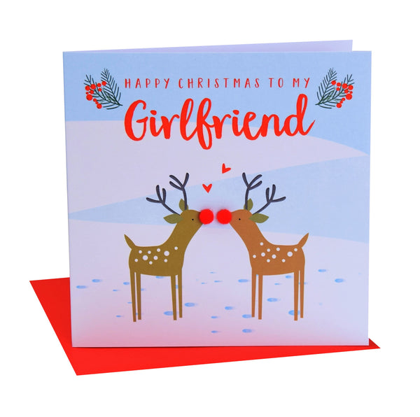 Christmas Card, Kissing reindeers, Girlfriend, Pompom Embellished