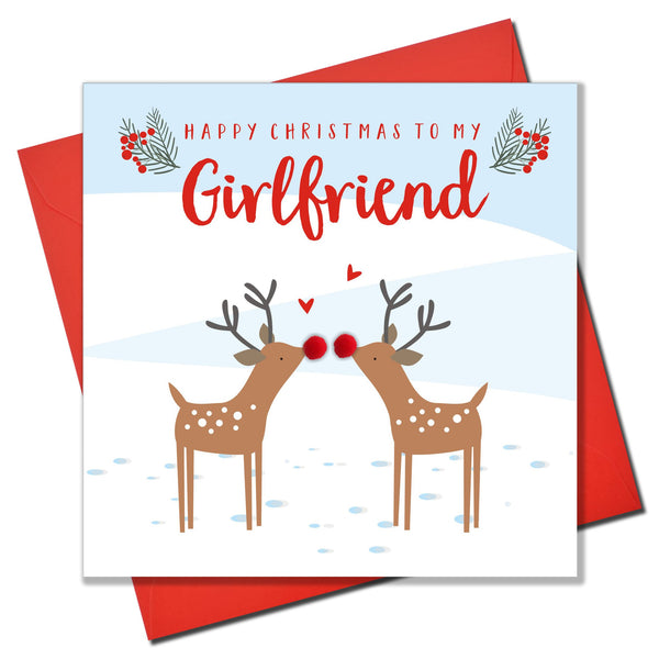 Christmas Card, Kissing reindeers, Girlfriend, Pompom Embellished
