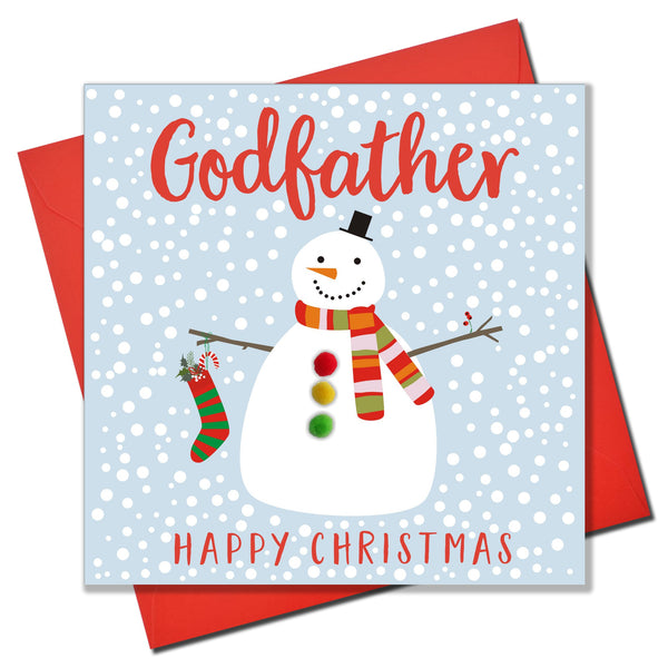 Christmas Card, Snowman , Godfather, happy Christmas, Pompom Embellished