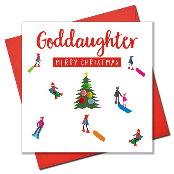 Christmas Card, Sledgers around a tree, Goddaughter, Pompom Embellished