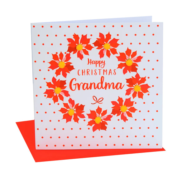 Christmas Card, Poinsettias and dots, grandma, Pompom Embellished