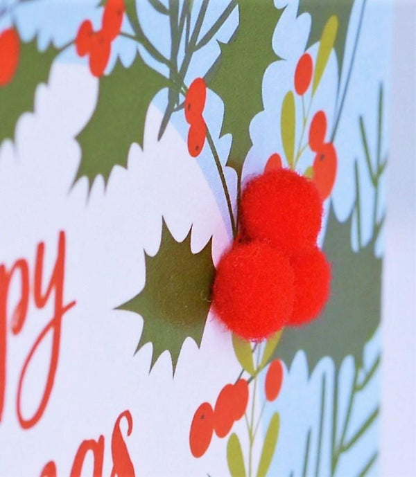 Christmas Card, Holly and berry wreath, gran, Pompom Embellished