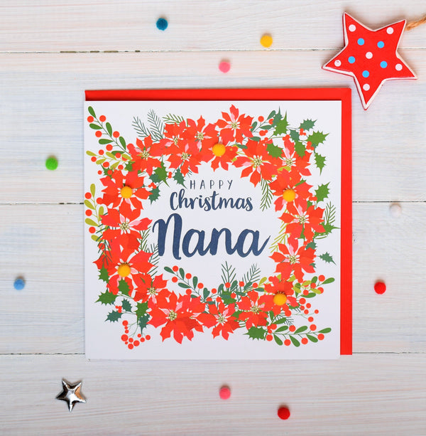 Christmas Card, Poinsettia wreath , Happy Christmas, nana, Pompom Embellished