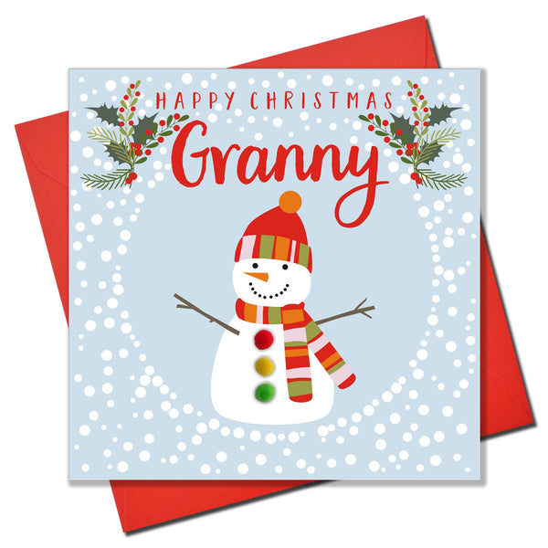 Christmas Card, Snowman , Happy Christmas, granny, Pompom Embellished