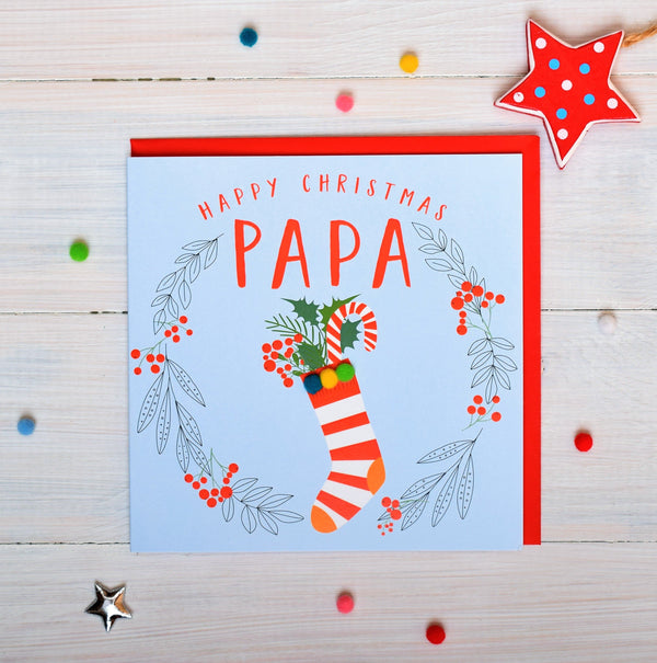 Christmas Card, Stocking in a laurel wreath, papa, Pompom Embellished