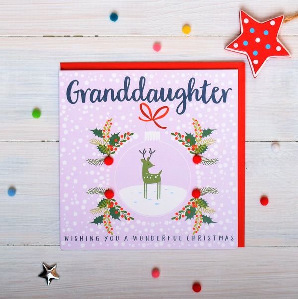 Christmas Card, Reindeer in a bauble, Granddaughter, Pompom Embellished