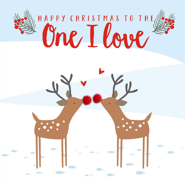 Christmas Card, Kissing reindeers, The One I Love, Pompom Embellished