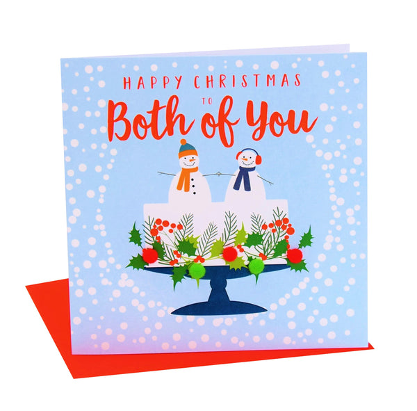 Christmas Card, Snowmen on a Christmas cake, To both of you, Pompom Embellished