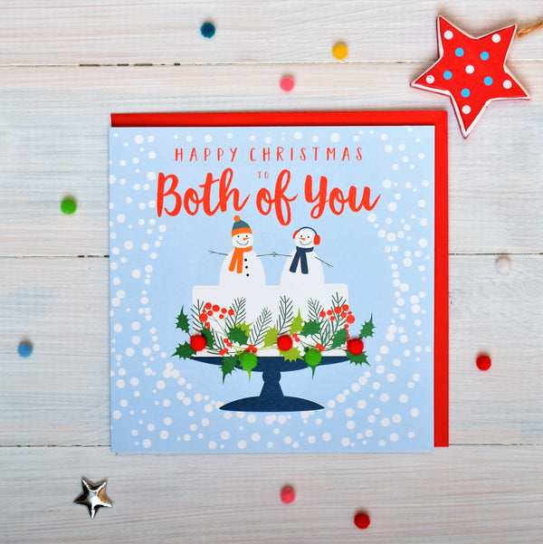Christmas Card, Snowmen on a Christmas cake, To both of you, Pompom Embellished