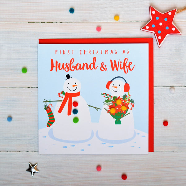Christmas Card, Snowmen, 1st Christmas as husband and wife, Pompom Embellished