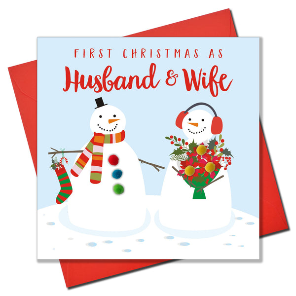 Christmas Card, Snowmen, 1st Christmas as husband and wife, Pompom Embellished