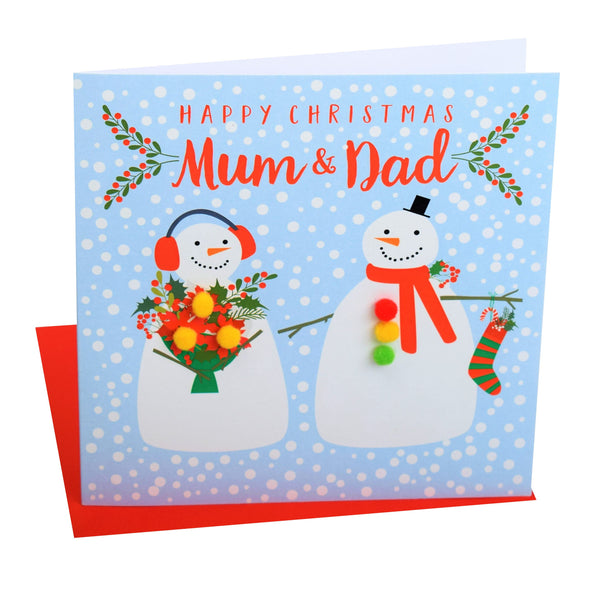 Christmas Card, Two snowmen , Happy Christmas mum and dad, Pompom Embellished