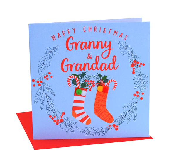Christmas Card, laurel wreath, Granny & Grandad, Pompom Embellished