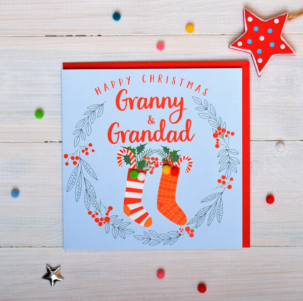Christmas Card, laurel wreath, Granny & Grandad, Pompom Embellished
