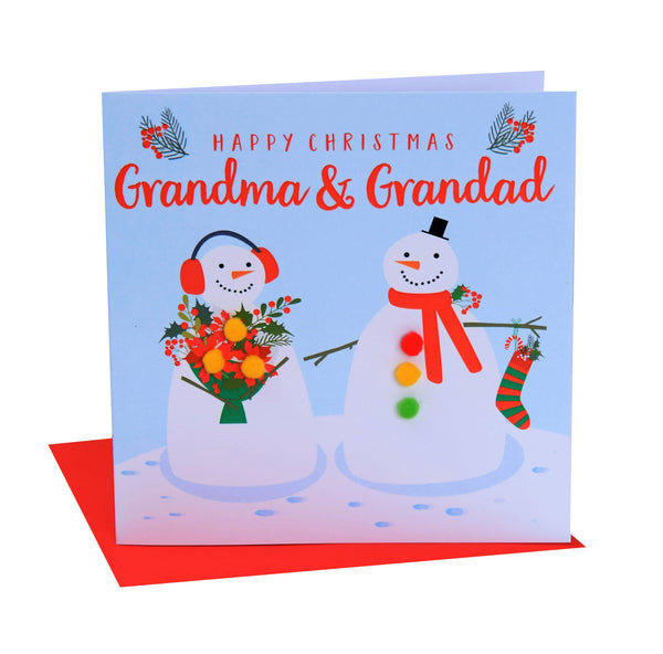 Christmas Card, Two snowmen, Grandma & Grandad, Pompom Embellished