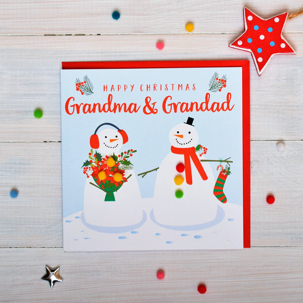 Christmas Card, Two snowmen, Grandma & Grandad, Pompom Embellished