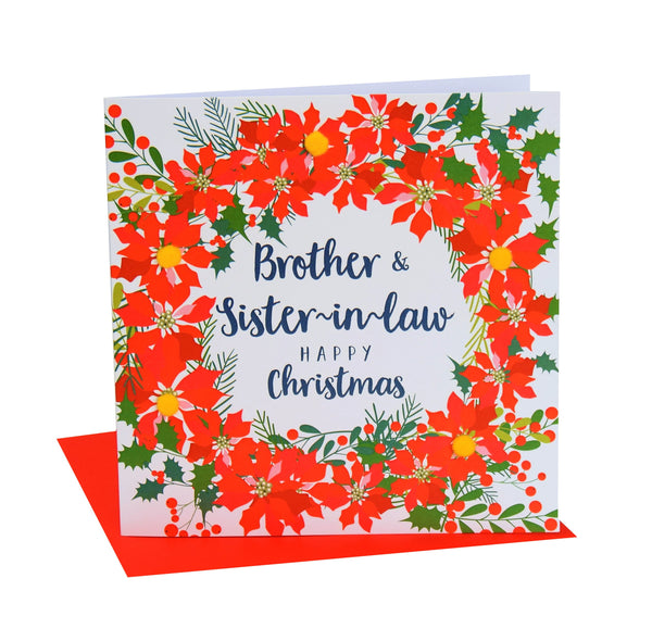 Christmas Card, Poinsettia wreath , Brother and sister-in-law Pompom Embellished