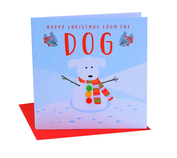 Christmas Card, Snowdog , Happy Christmas from the Dog, Pompom Embellished