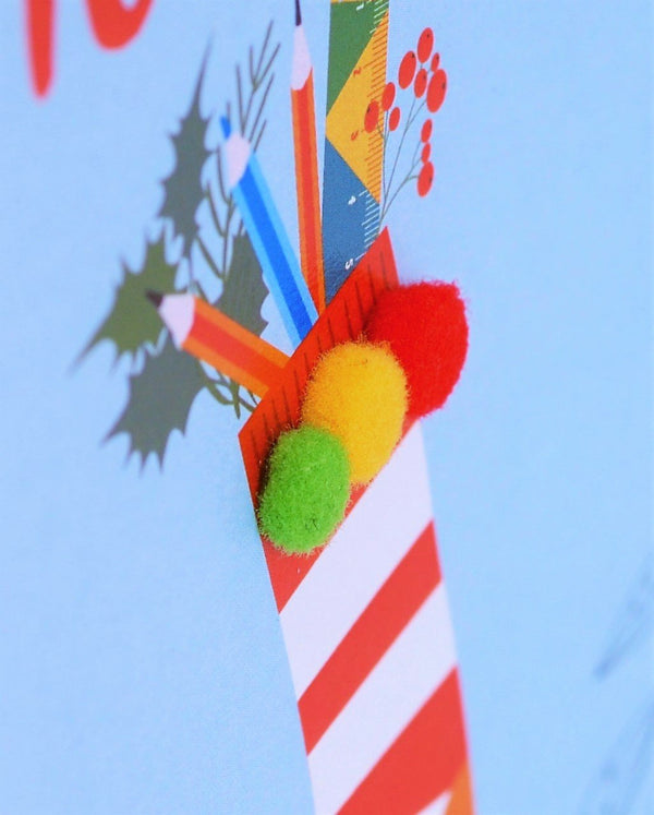 Christmas Card, laurel wreath, Super Teacher, Pompom Embellished