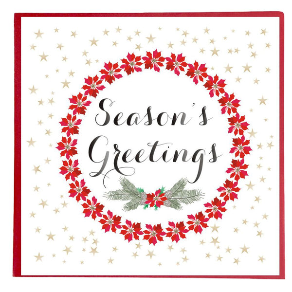 Christmas Card, Poinsettias & Gold Stars, Seasons Greetings