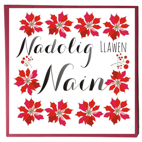 Welsh Christmas Card, Nadolig Llawen, Nain, Poinsettias, Merry Christmas Gran