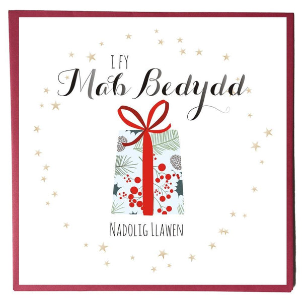 Welsh Christmas Card, Nadolig Llawen, Mab Bedydd, Godson, Present and Stars