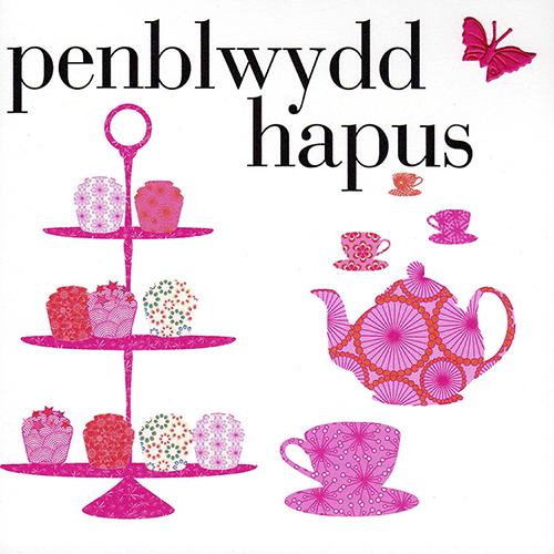 Welsh Birthday Card, Penblwydd Hapus, Cakes, fabric butterfly Embellished